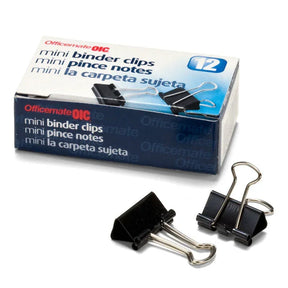 Pack of Officemate® Mini Binder Clips with two black clips shown outside the box.