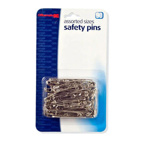 Pack of 90 assorted sizes Officemate® safety pins in clear blister packaging