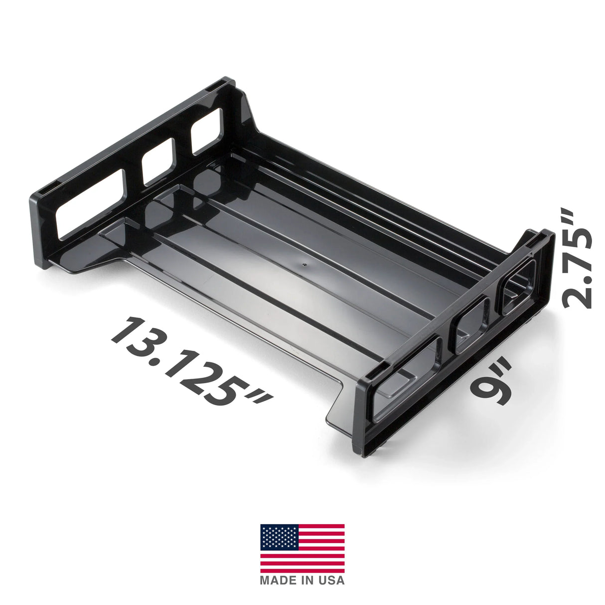 Black side load letter tray for office organization, size 13.125 x 9 x 2.75 inches, made in USA
