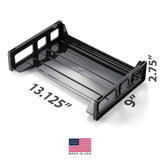 Black side load letter tray for office organization, size 13.125 x 9 x 2.75 inches, made in USA