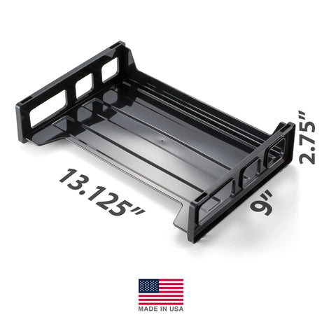 Black side load letter tray for office organization, size 13.125 x 9 x 2.75 inches, made in USA