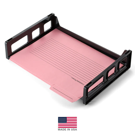 Black side load letter tray holding a pink file folder, made in USA label underneath.
