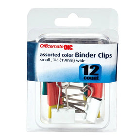 Pack of 12 Officemate® assorted color small binder clips in clear plastic packaging.