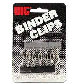 Set of six Officemate® small black binder clips in carded packaging.