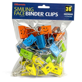 Pack of 36 Officemate® Smiling Face Medium Binder Clips in assorted colors.