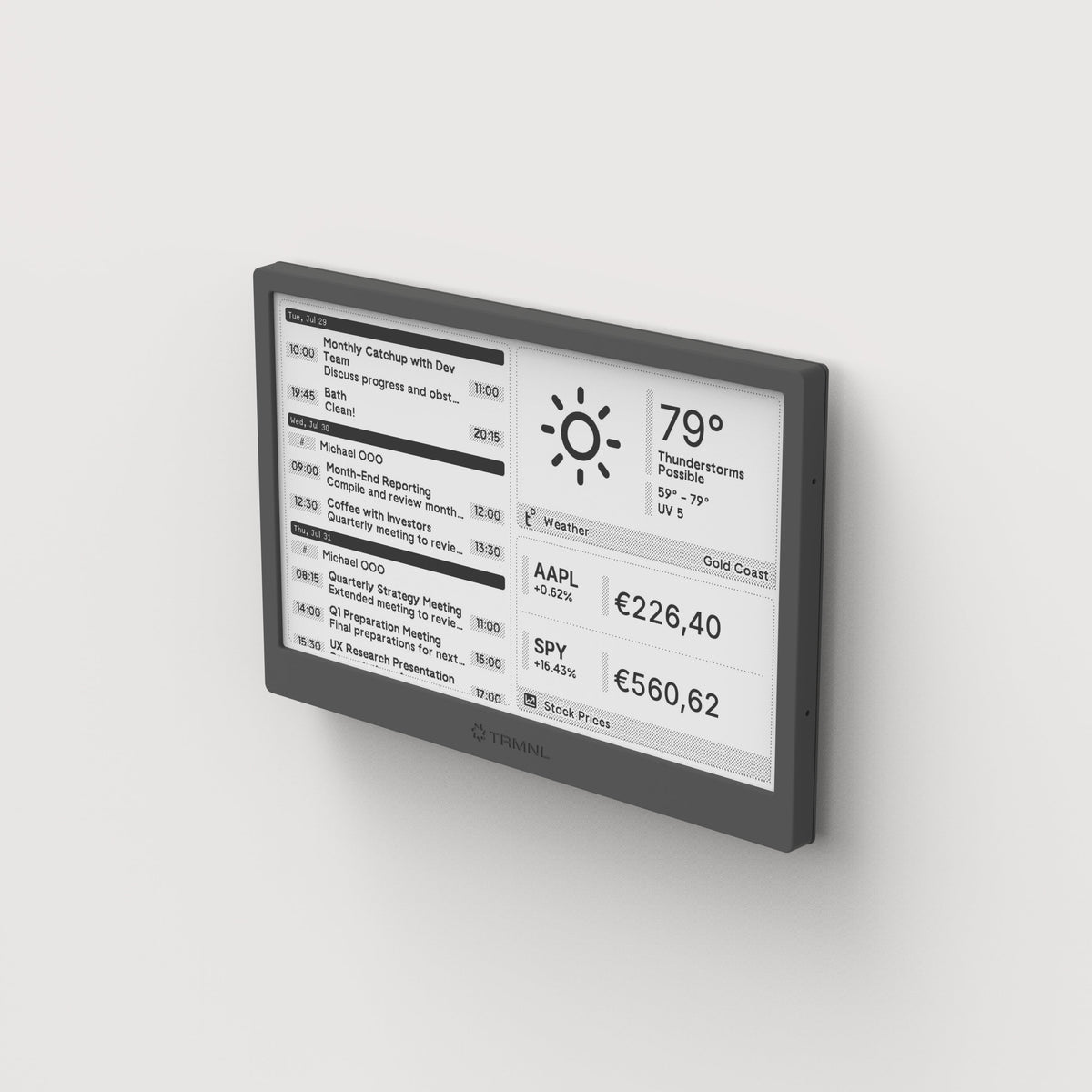 TRMNL OG ePaper display mounted on a wall