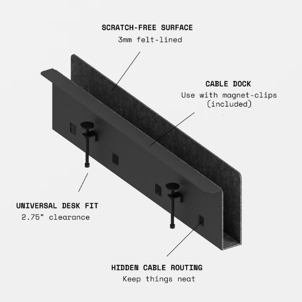 Practiko Otis Edge features including felt lining, cable dock, clamp, and cable routing