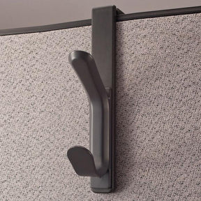 Officemate® black over the panel coat hook attached to a gray fabric office partition