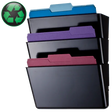 Black plastic wall file organizer with three colorful folders and a green recycle icon