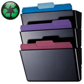 Officemate® plastic stacking wall files in black with blue, purple, and red hanging folders.