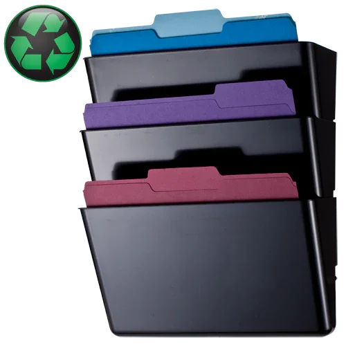 Black plastic wall file organizer with three colorful folders and a green recycle icon