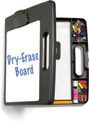 Officemate Portable Dry-Erase Clipboard Box open with writing surface and organized storage.