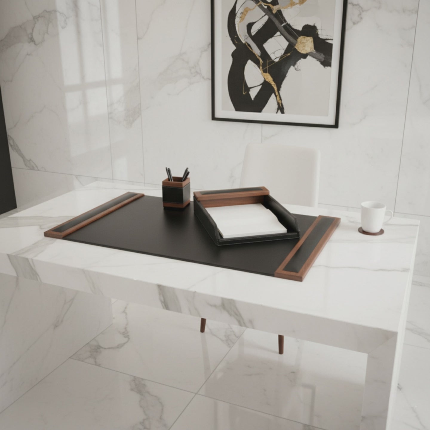 Dacasso P8401 Walnut & Black Leather 34x20 Side-Rail Desk Pad
