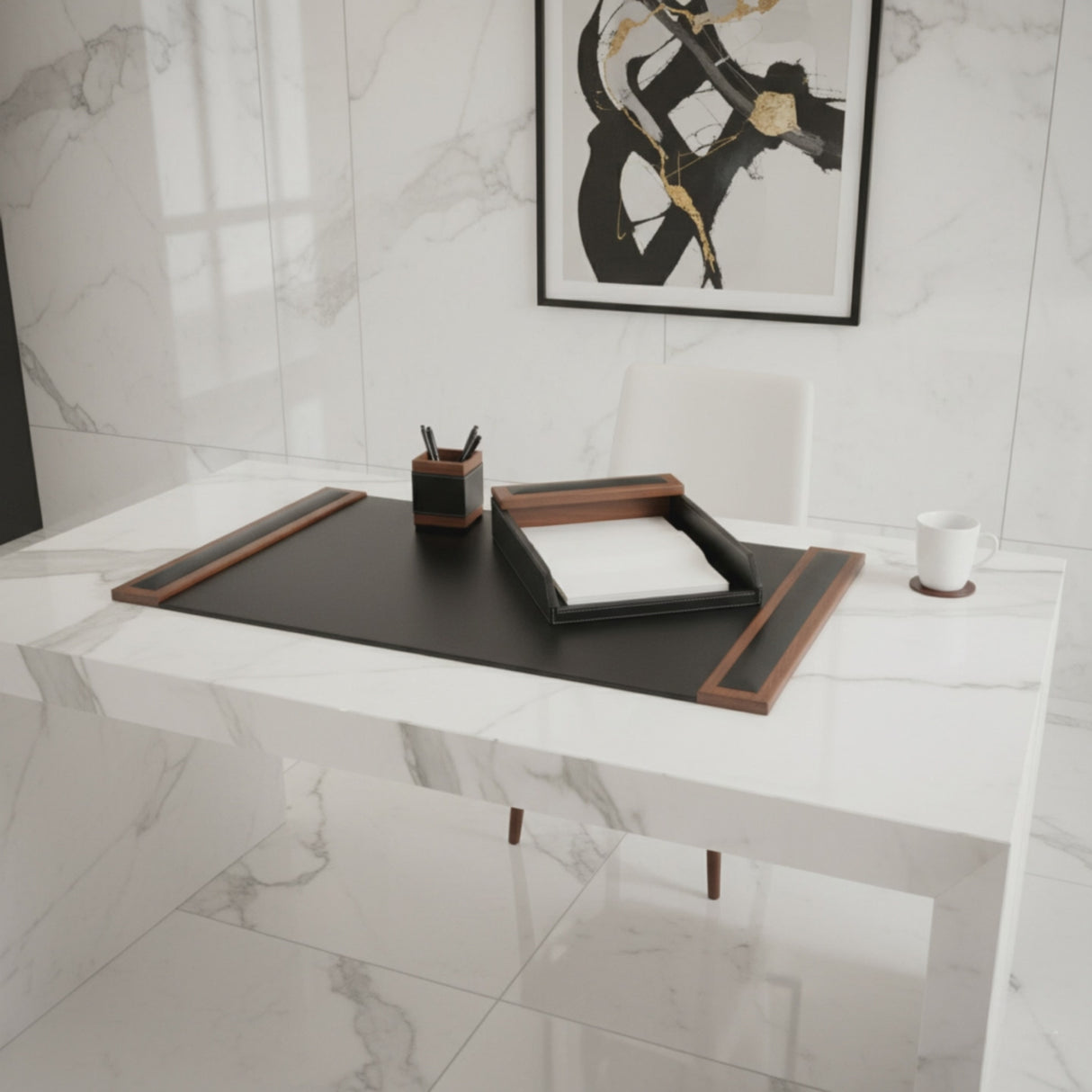 Dacasso Walnut & Black Leather 34" x 20" Side-Rail Desk Pad