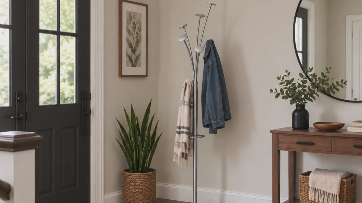 Alba Festival Modern Coat Stand with Umbrella Holder – Silver Floor Coat Rack with 5 Pegs