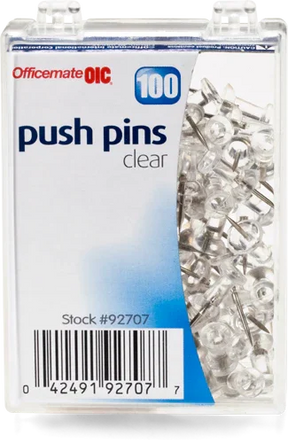 Pack of 100 clear Officemate® push pins in a reusable plastic storage box.