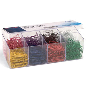 Officemate PVC Free color coated paper clips in a reusable 8-compartment plastic organizer.