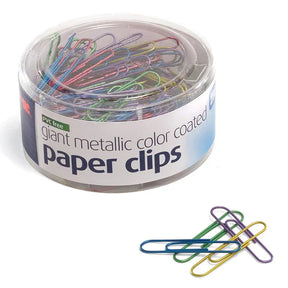 Officemate PVC Free Giant Metallic Color Coated Paper Clips in a clear plastic tub.