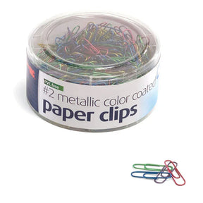 Officemate PVC free #2 metallic color coated paper clips in a clear plastic container