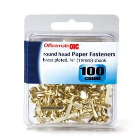 Pack of 100 Officemate round head brass plated paper fasteners in a clear clamshell container.