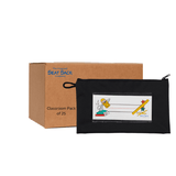 Black pouch with cartoon design and cardboard box labeled 'The Original Seat Sack Company' on a white background