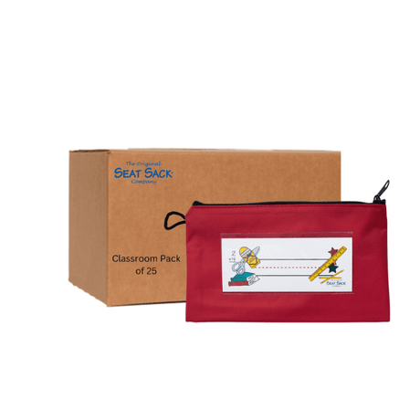 Red pouch with cartoon design and cardboard box labeled 'Seat Sack' on a white background
