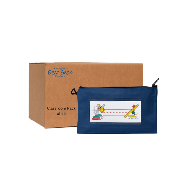 Blue Seat Sack with educational design and cardboard box labeled 'Classroom Pack of 25'.