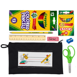 Assorted school supplies including colored pencils, crayons, a ruler, scissors, and a pencil case on a white background.