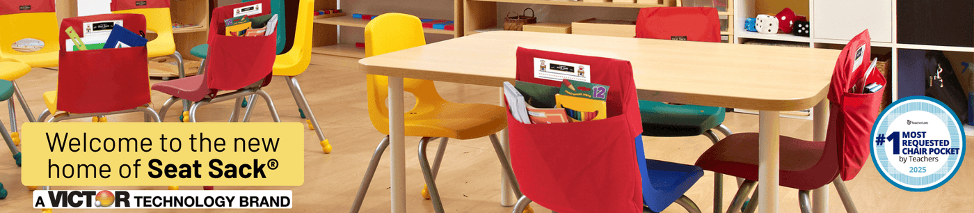 Colorful classroom setting with tables and chairs, featuring Seat Sack product display.