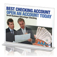 Clear acrylic sign holder displaying bank advertisement with two businessmen and cash graphic