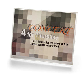 Officemate® slanted horizontal clear sign holder with an event advertisement insert.