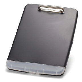 Officemate Slim Charcoal Letter Size Clipboard Storage Box with metal clip and translucent base