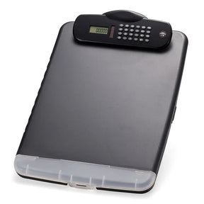Officemate Slim Black Clipboard Storage Box with built-in calculator