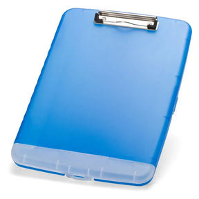 Officemate® slim blue clipboard storage box with a silver metal clip.