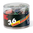 36 assorted color small binder clips in clear container for office organization