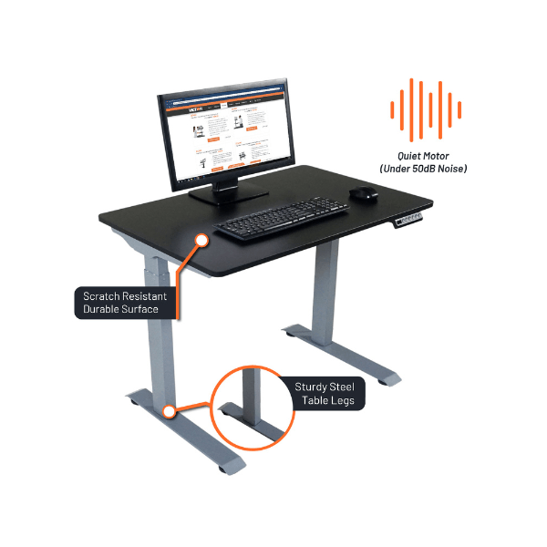 Ergonomic desk with computer setup, highlighting features like a quiet motor, scratch-resistant surface, and sturdy steel legs.