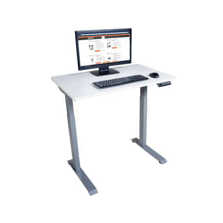 White adjustable desk with computer setup on a white background