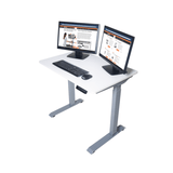 White adjustable desk with two computer monitors, keyboard, and mouse on a white background