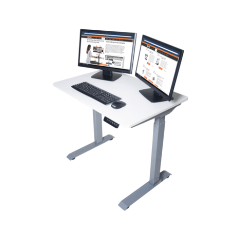 White adjustable desk with two computer monitors, keyboard, and mouse on a white background