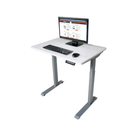White adjustable desk with computer setup on a white background