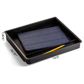 Officemate® large black stick-on desk drawer with dimensions and office supplies.