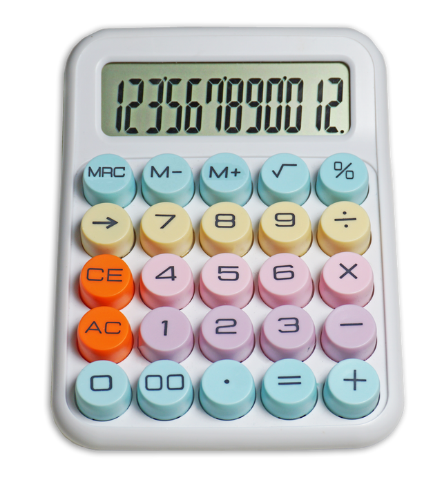 Desktop calculator with pastel round buttons and large digital display showing numbers