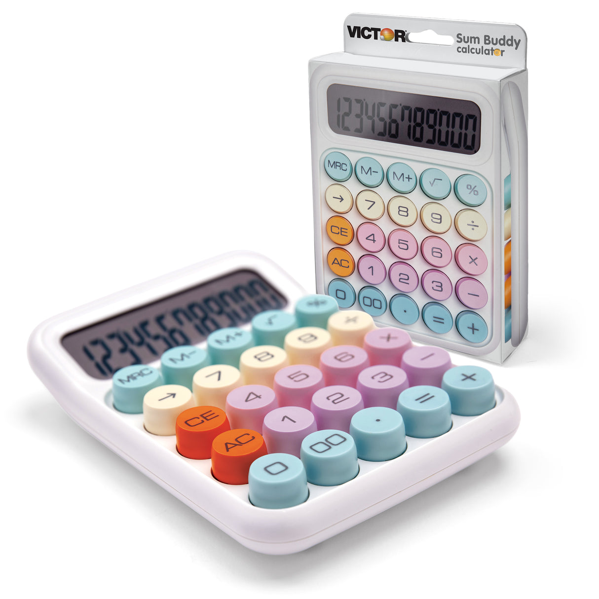 Desktop calculator with colorful round keys and display, shown with packaging.