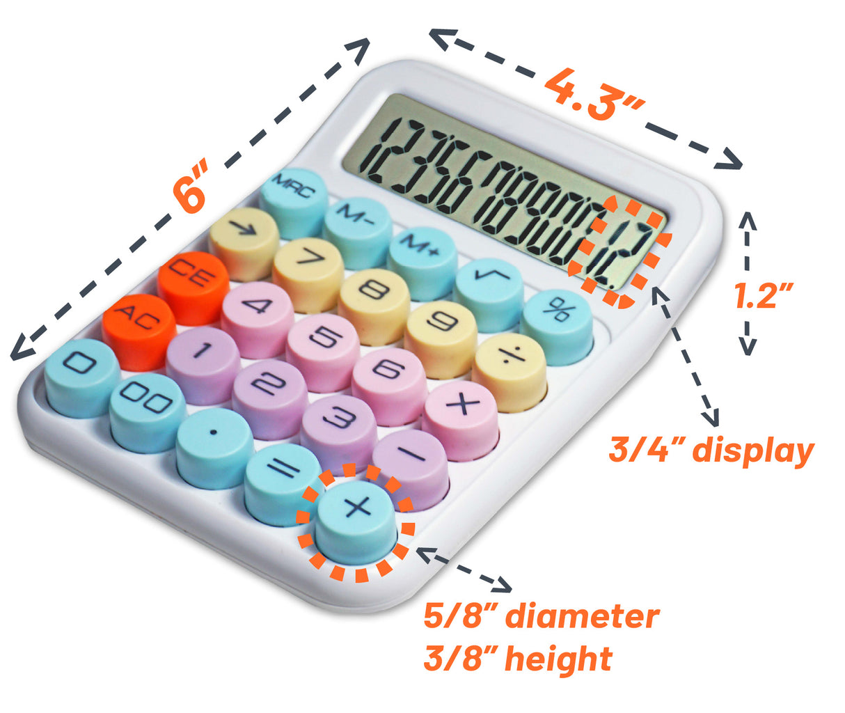 Colorful desktop calculator with large round buttons and labeled measurement dimensions
