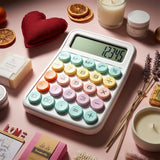 Desktop calculator with large pastel buttons on a pink surface, surrounded by candles and office supplies.