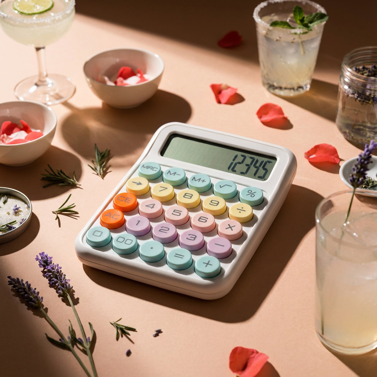 Pastel desktop calculator with large buttons on a tan table with drinks and flower petals