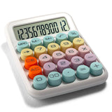 Desktop calculator with large pastel-colored round buttons and a digital display