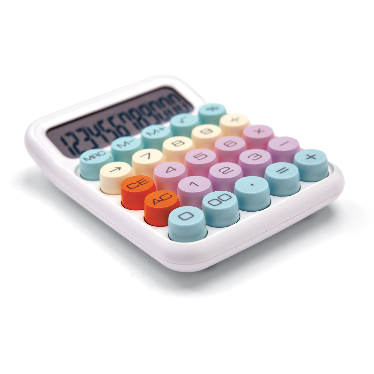 Colorful desktop calculator with large round pastel keys and angled LCD display on white background.