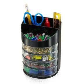 Officemate® rotating supply organizer filled with pens, scissors, clips, and push pins.