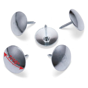 Five Officemate steel tacks with a 7/16-inch head diameter on a white background.